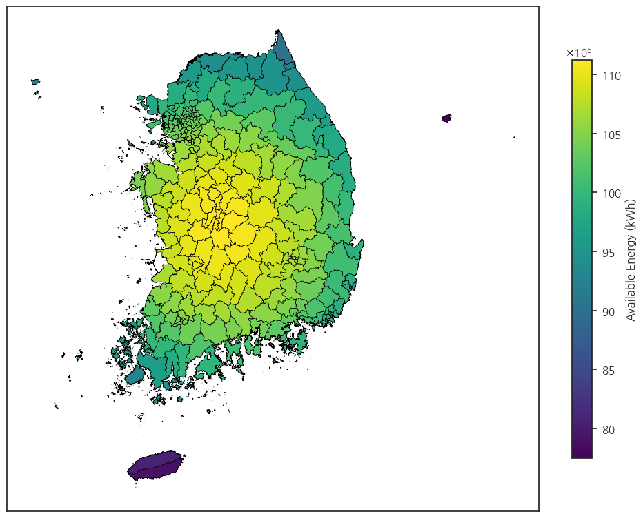 Heatmap of South Korea showing available surplus electricity after transmission losses, with central regions showing the highest effective availability.