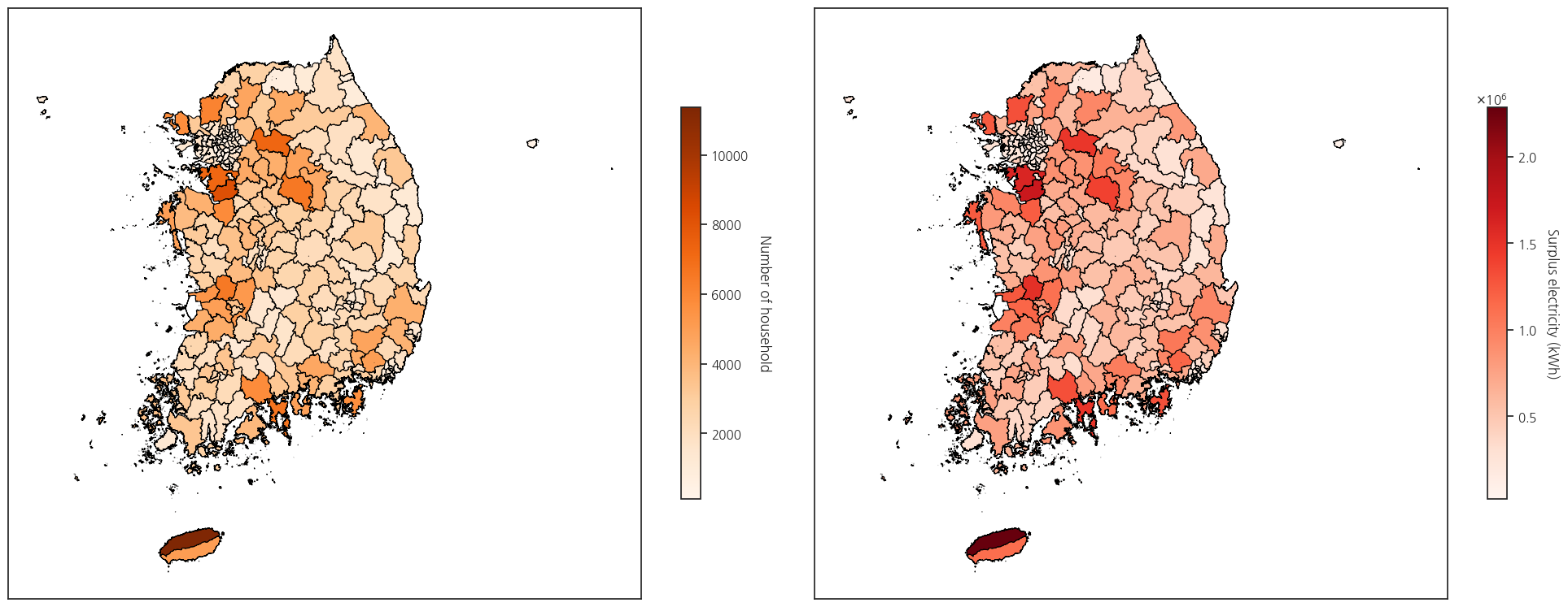 Two side-by-side maps of South Korea showing five-year average household installations and surplus electricity by district.